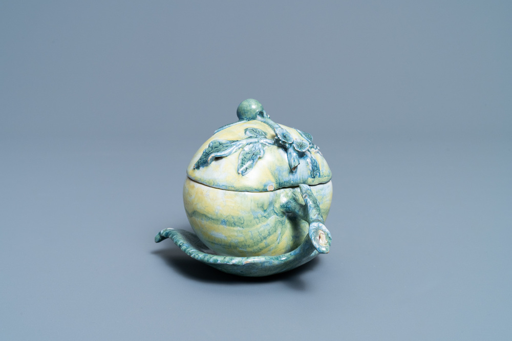 A polychrome Dutch Delft 'apple' tureen and cover, 18th C.