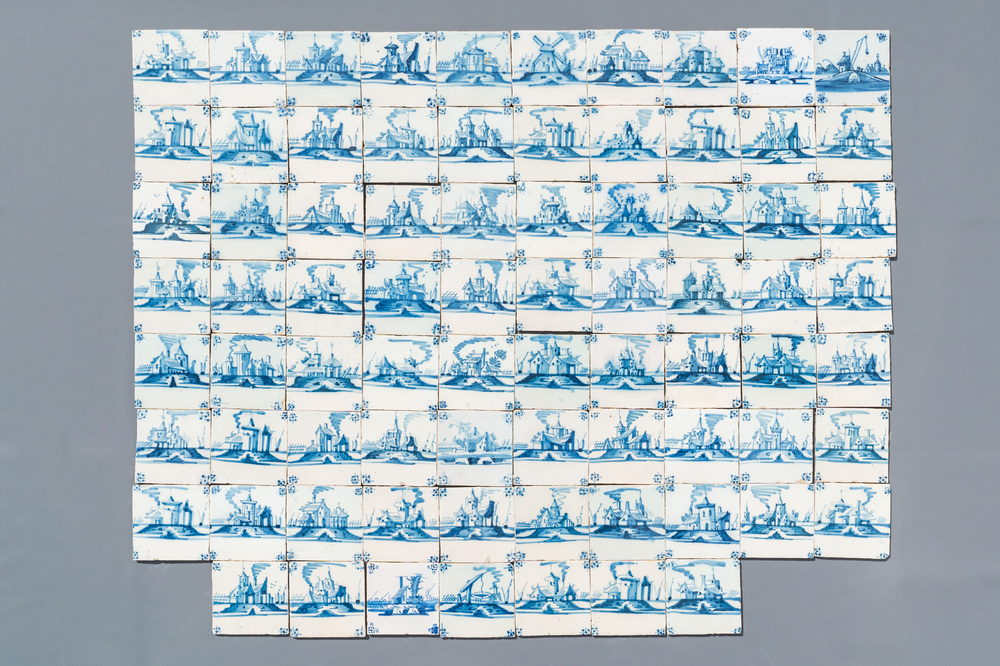 Seventy‑seven blue and white Dutch Delft 'landscape' tiles, late 18th C.