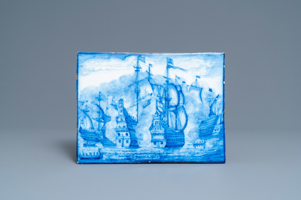 A Dutch blue and white Delft-style plaque depicting the naval Battle of the Downs, ca. 1800