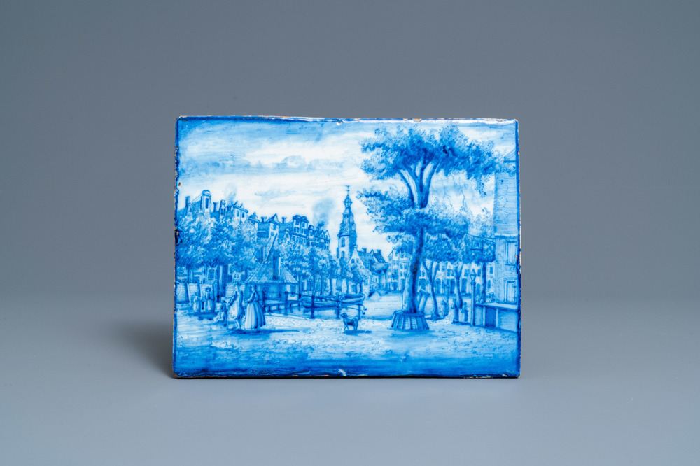 A Dutch blue and white Delft-style plaque with a village view, probably Utrecht, ca. 1800