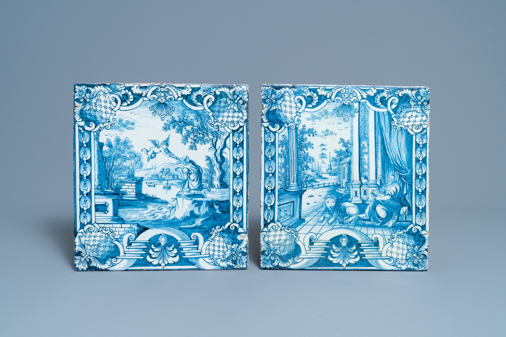 Two blue and white German stove tiles with biblical scenes, Nuremberg, 18th C.