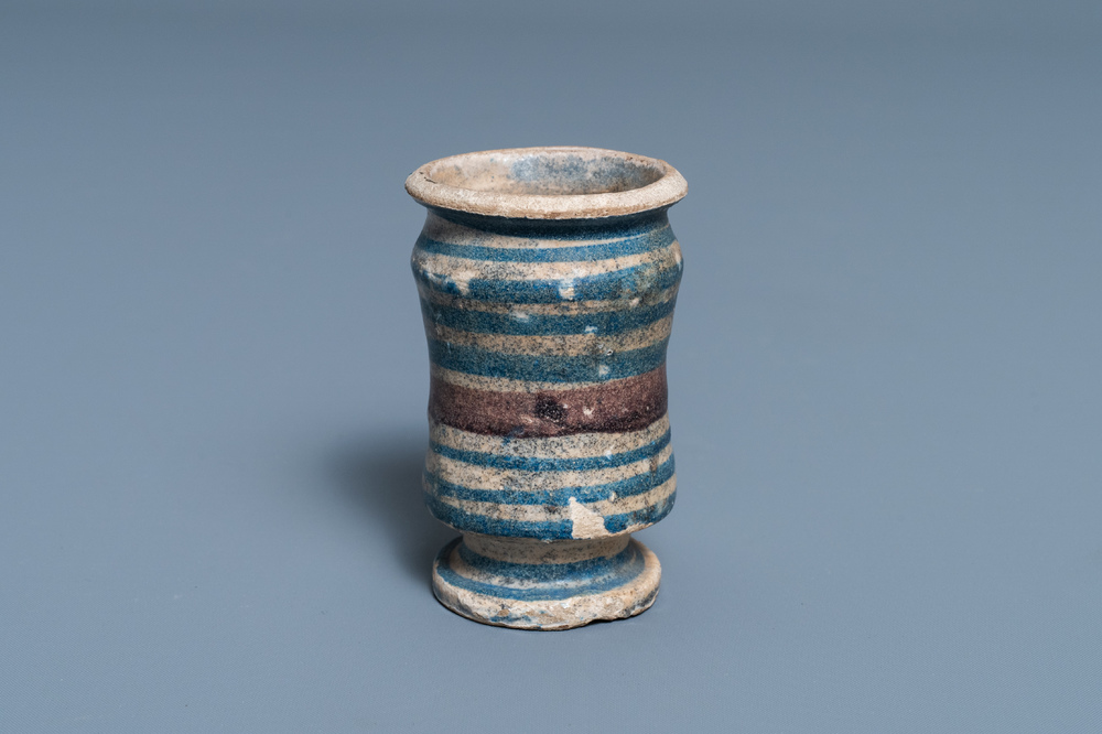 A small blue, white and manganese maiolica albarello, Antwerp or Northern Netherlands, 16/17th C.