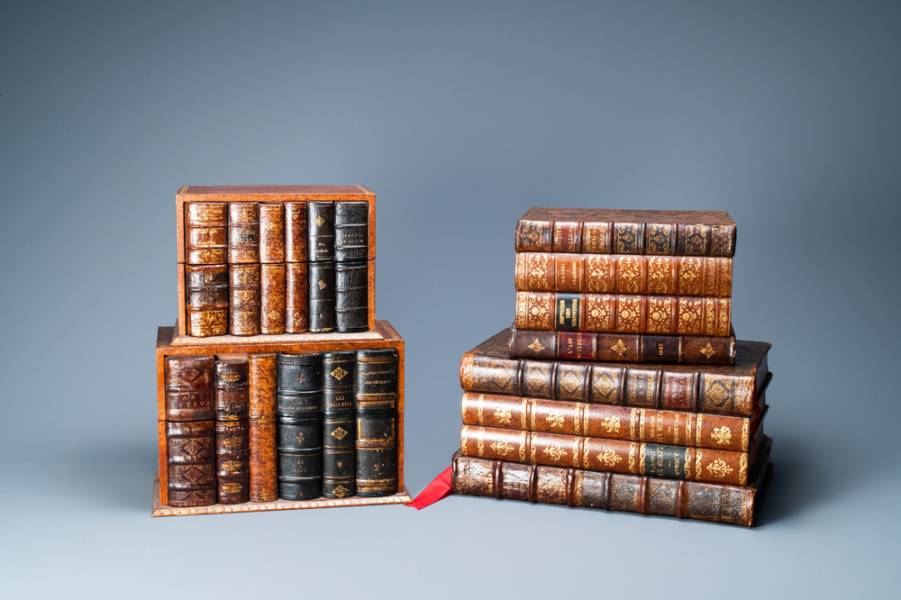 Four trompe-l'oeil storage boxes made from old book covers, France, 20th C.
