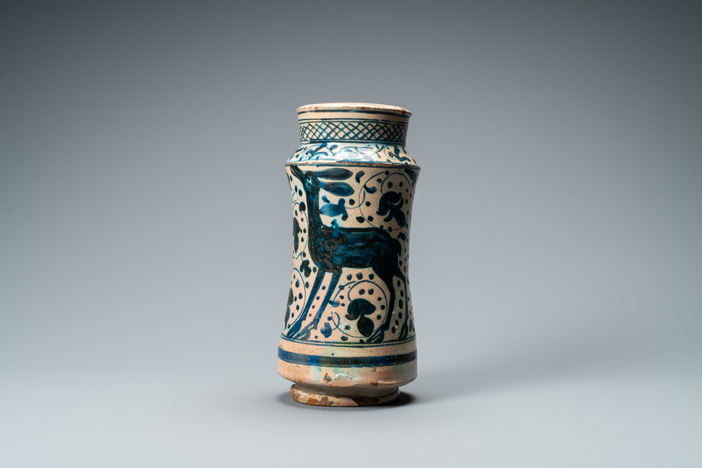 A Hispano-Moresque blue and white albarello with a deer, Paterna or Manises, Spain, mid 15th C.