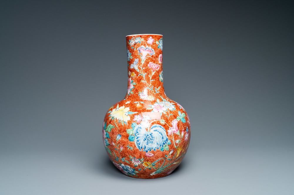 A Chinese famille rose millefleurs bottle vase, Qianlong mark, Republic