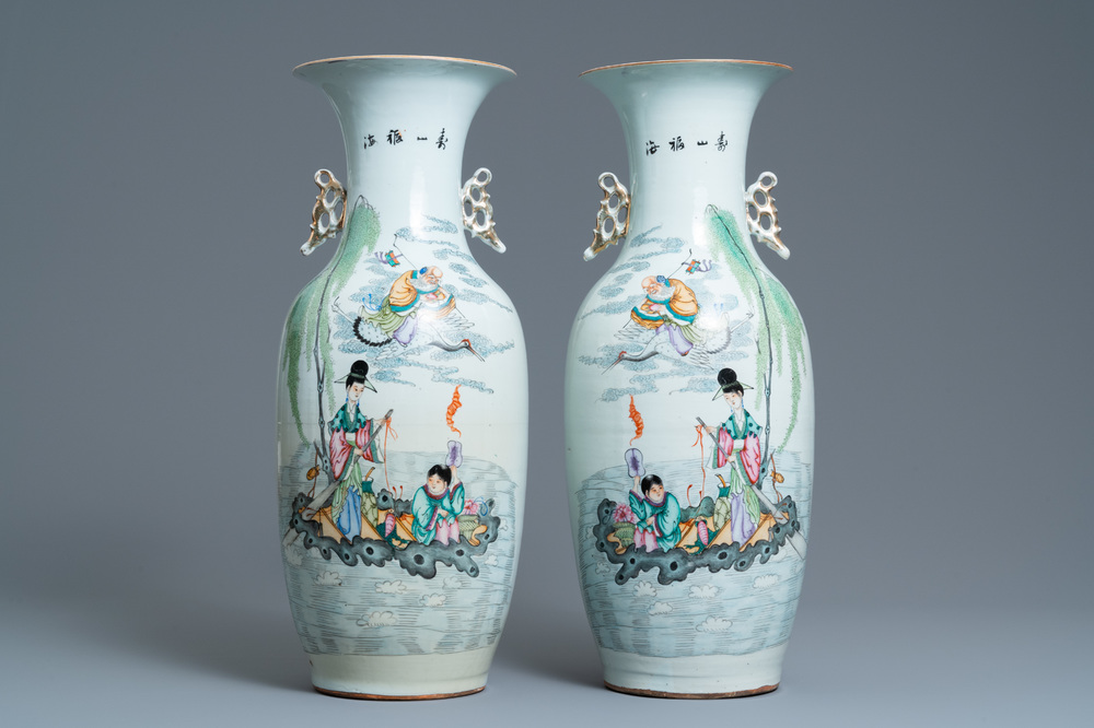A pair of Chinese famille rose 'immortals' vases, 19/20th C.