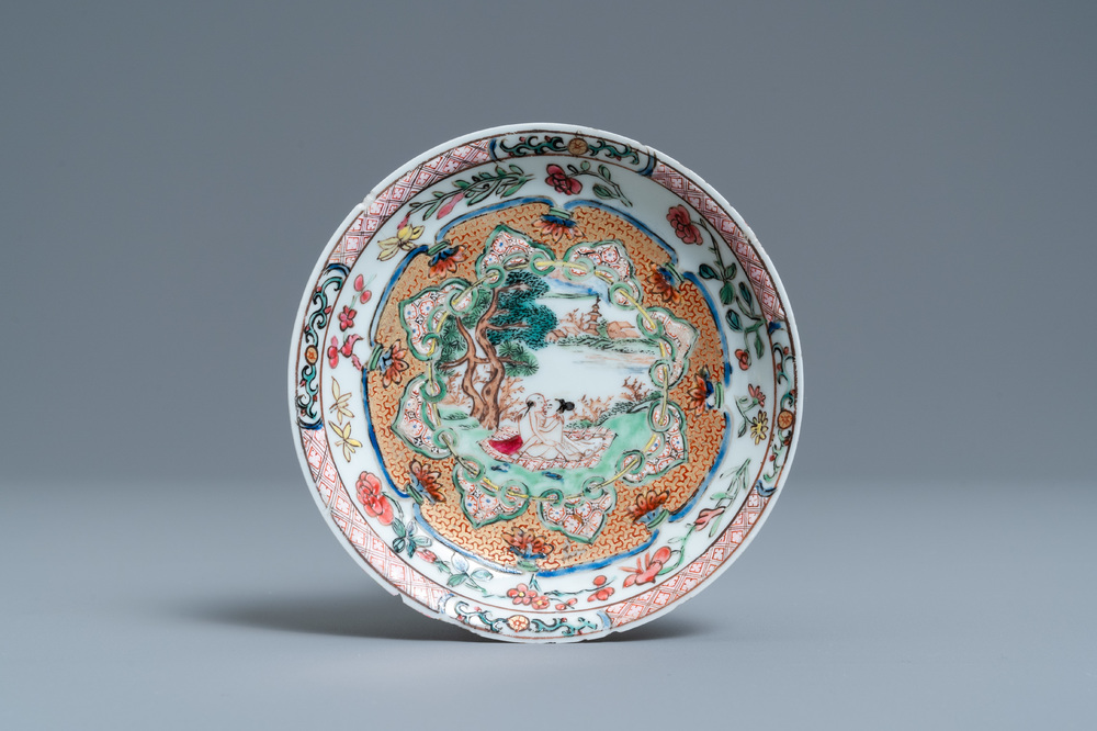 A Chinese famille rose 'erotical subject' saucer, Yongzheng