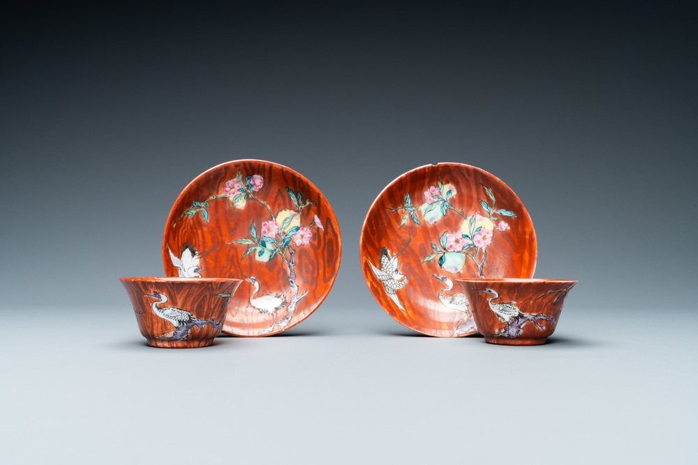 A pair of Chinese famille rose 'faux-bois' cups and saucers, Yongzheng/Qianlong