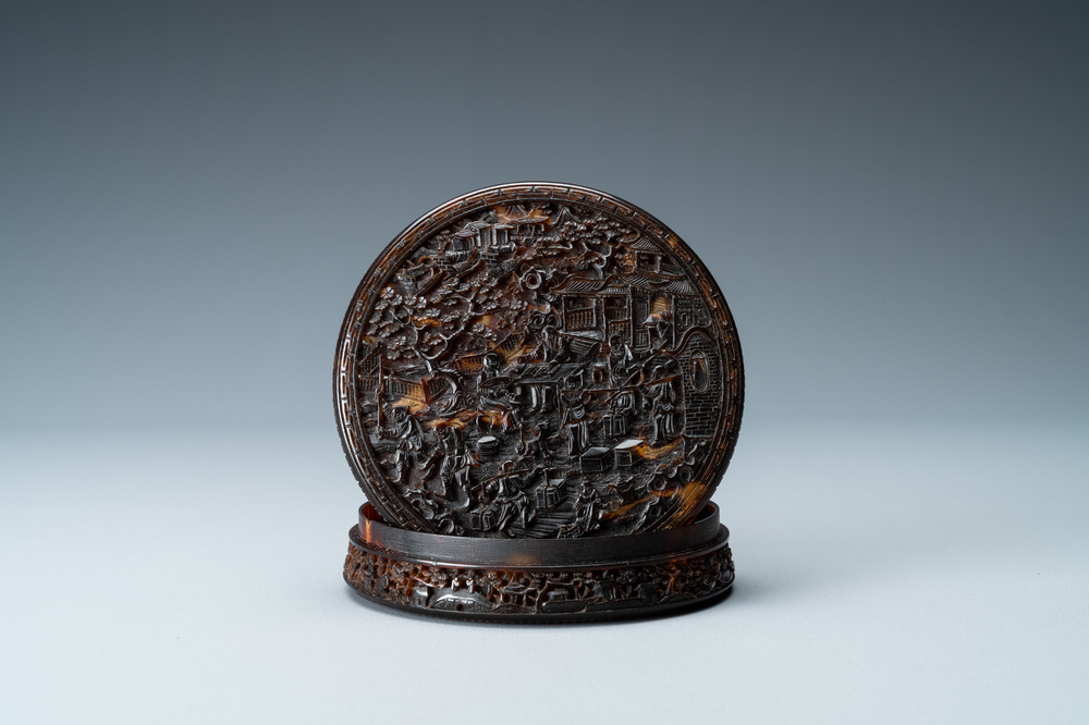 A Chinese Canton tortoise veneer covered box, 19th C.