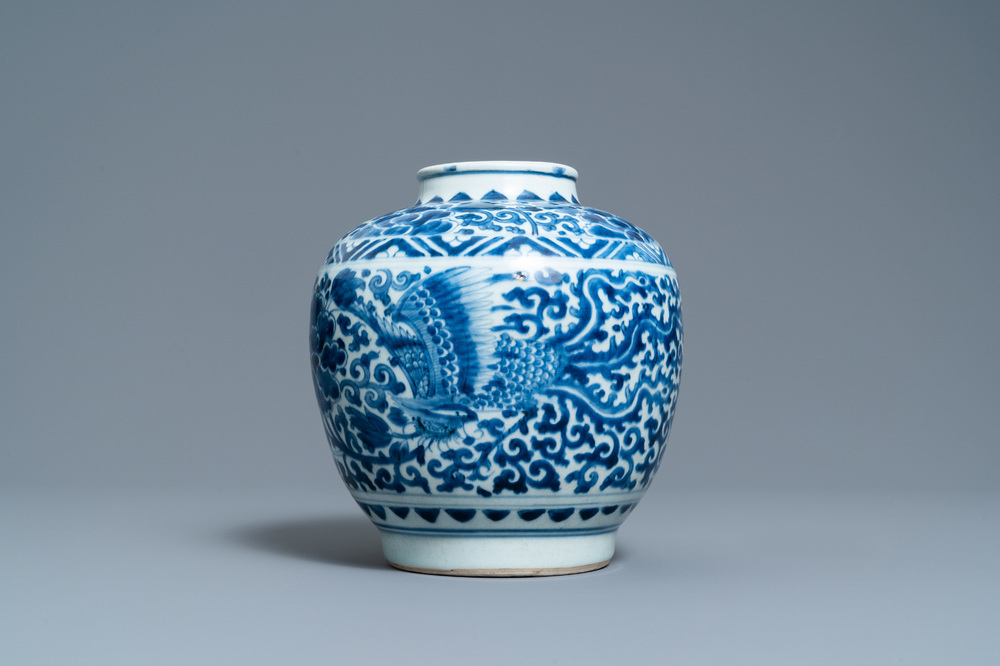 A Chinese blue and white 'phoenixes' jar, figurative hare mark, Transitional period