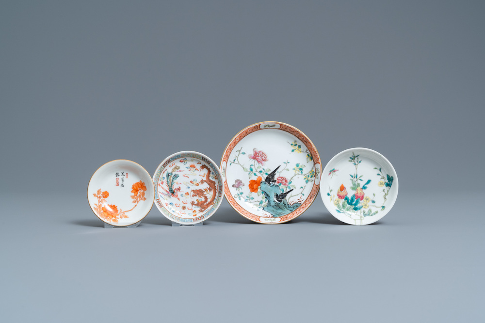Four Chinese famille rose and iron-red plates, Guangxu and Qianlong marks, 19/20th C.