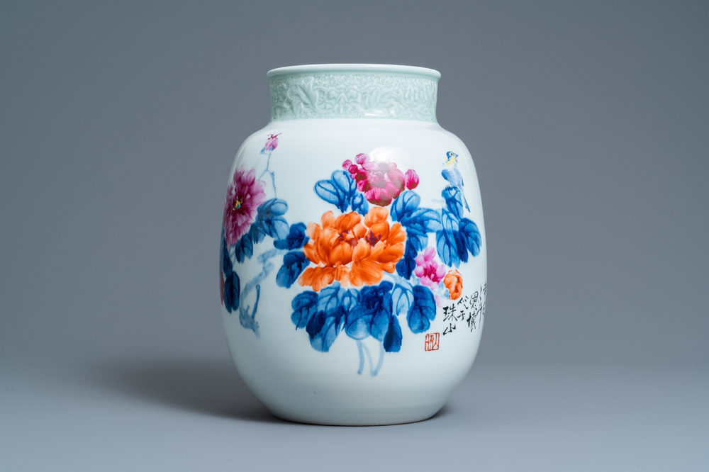 A Chinese floral vase, signed Wang En Huai, dated 1997