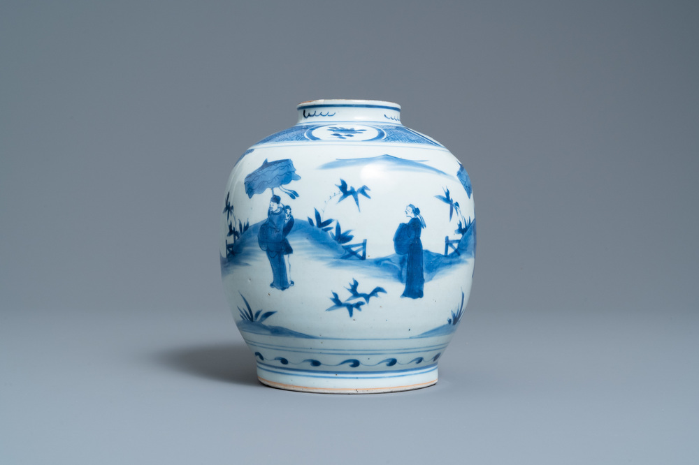 A Chinese blue and white jar with figures in a landscape, hare mark, Wanli