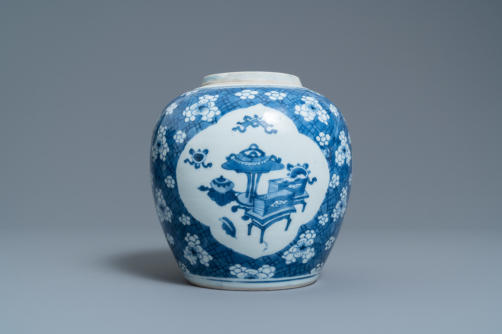 A Chinese blue and white 'antiquities' jar, Kangxi