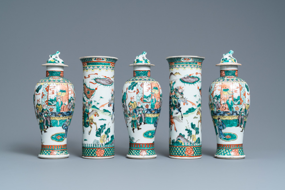 A Chinese famille verte five-piece garniture, Kangxi mark, 19th C.