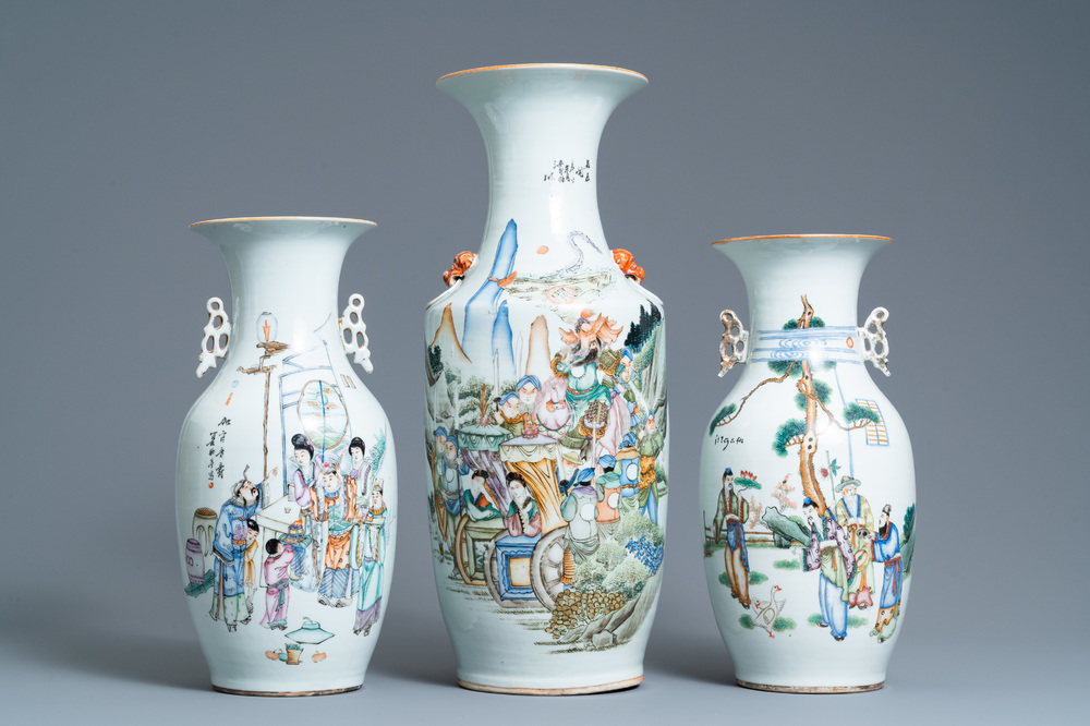 Three Chinese famille rose and qianjiang cai vases, 19/20th C.