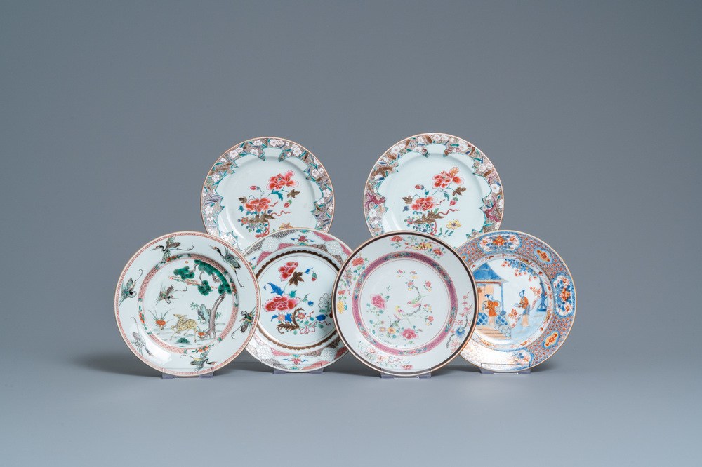 Six Chinese famille rose, verte and Imari-style plates, Kangxi/Qianlong