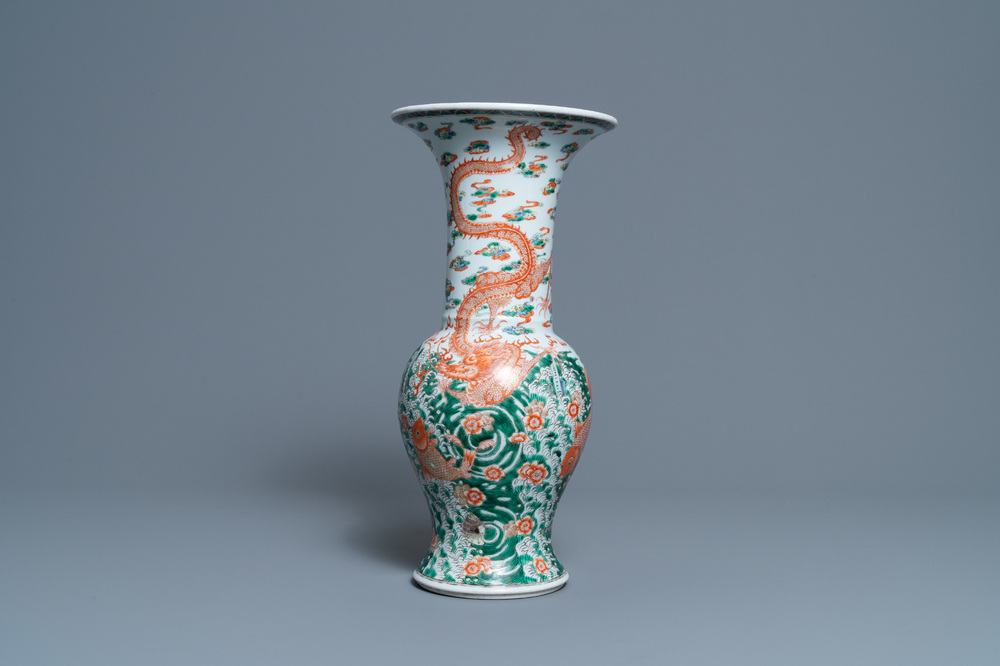 A Chinese famille verte 'yenyen' vase with a dragon and carps, Kangxi mark, 19th C.
