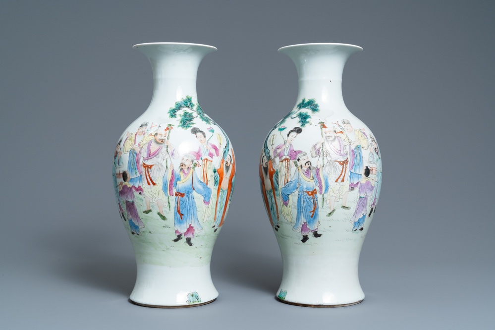 A pair of Chinese famille rose vases, Qianlong mark, Republic