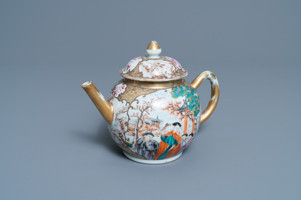 A Chinese famille rose 'mandarin' teapot and cover, Qianlong