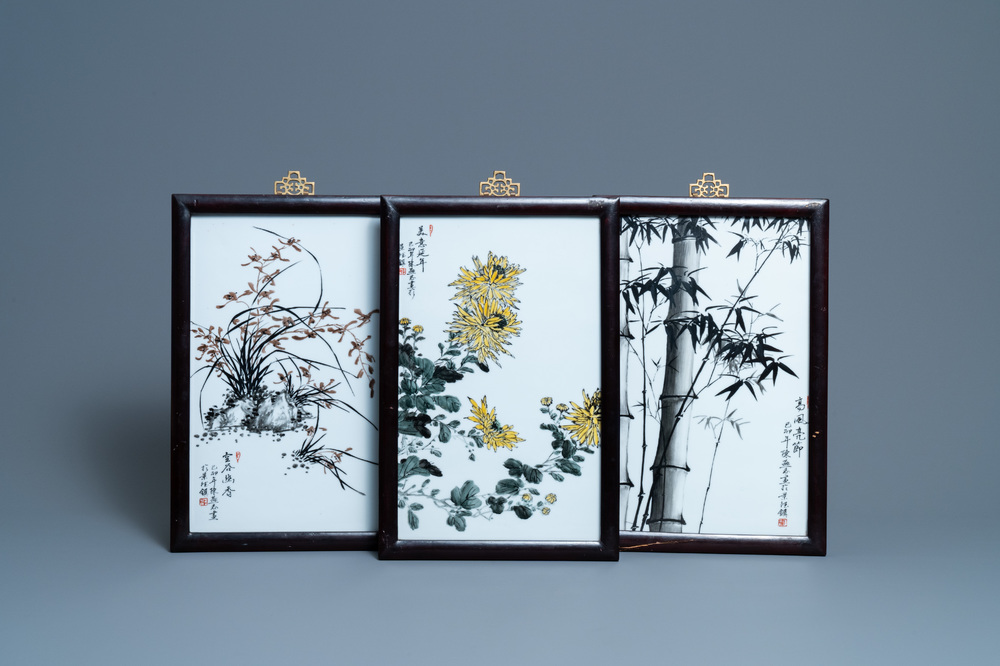 Three Chinese plaques with floral design, 20th C.
