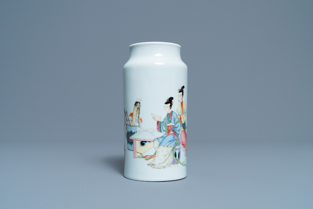 A Chinese famille rose vase with ladies in an interior, Republic
