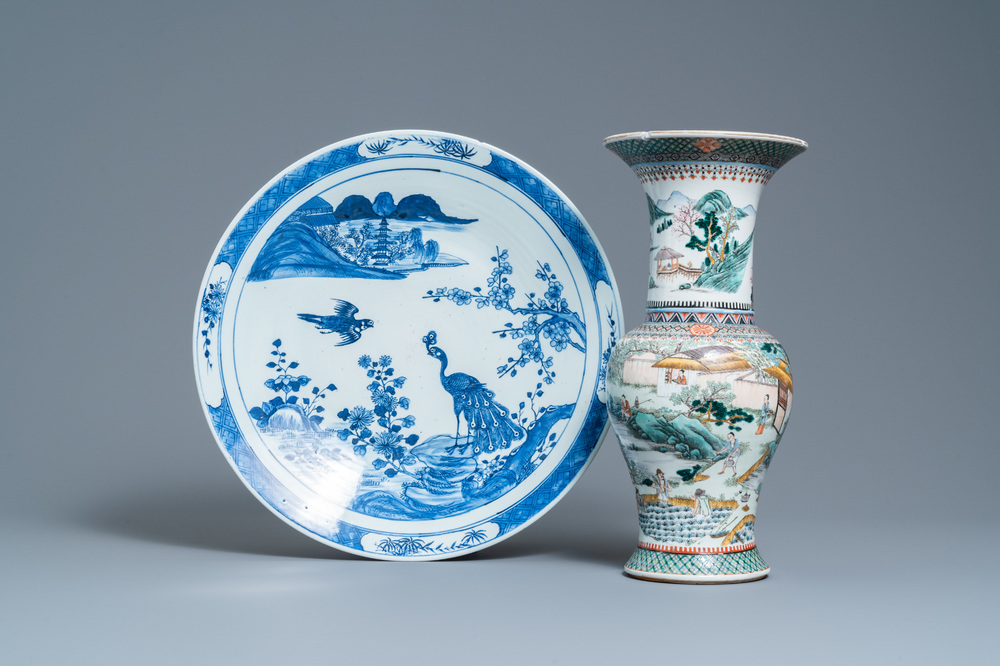 A Chinese famille verte 'yenyen' 'rice production' vase and a large blue and white 'peacock' dish, 19th C.