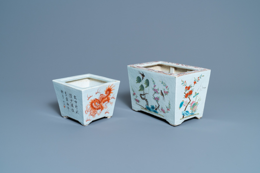 Two Chinese famille rose and iron-red jardini&egrave;res with Buddhist lions and birds among blossoms, 19th C.