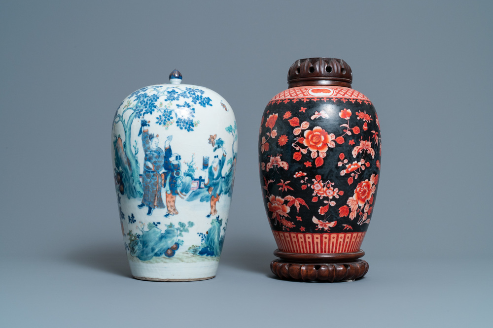 A Chinese doucai jar and an iron-red black-ground jar, 19th C.
