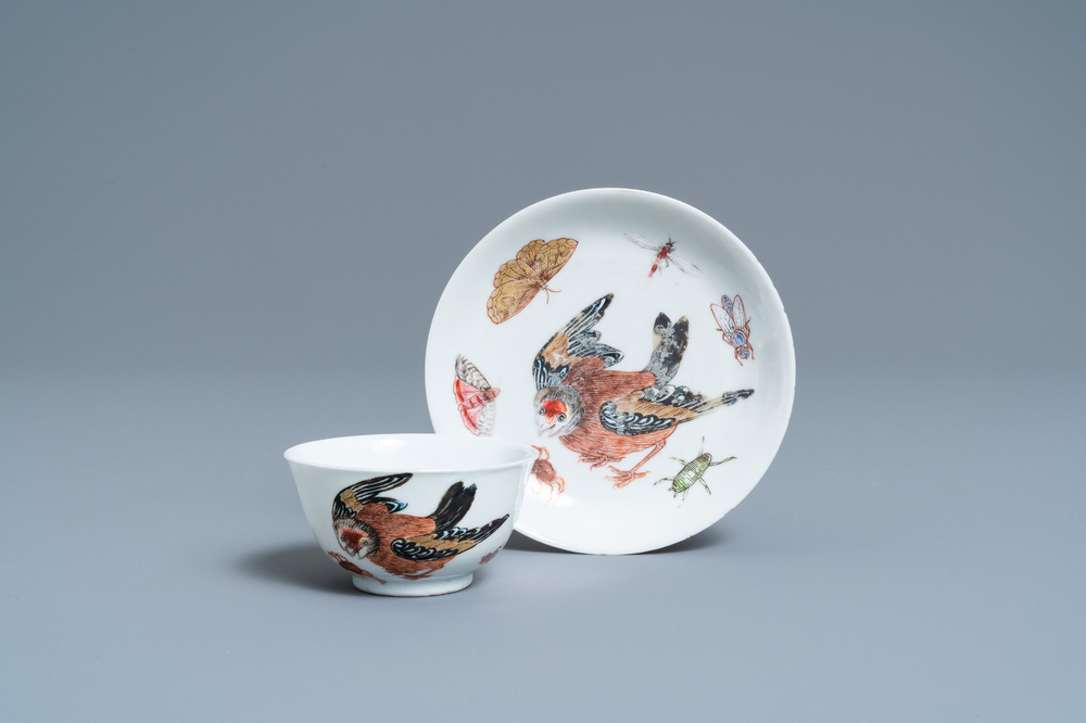 A Chinese famille rose 'bird and insects' cup and saucer, Yongzheng