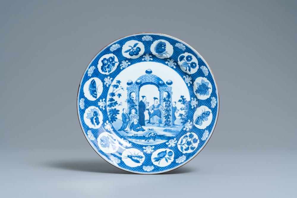 A Chinese blue and white 'arbor' dish after Cornelis Pronk, Qianlong