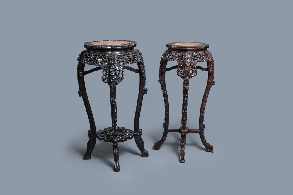 Two reticulated Chinese carved wooden stands, 19/20th C.
