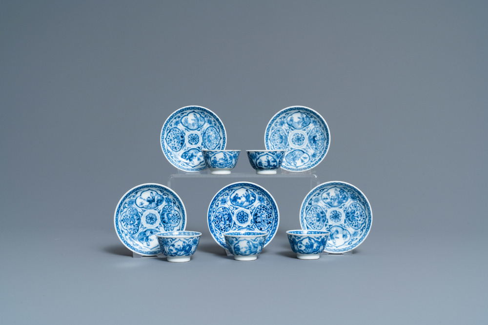 Five Chinese blue and white cups and saucers, Kangxi