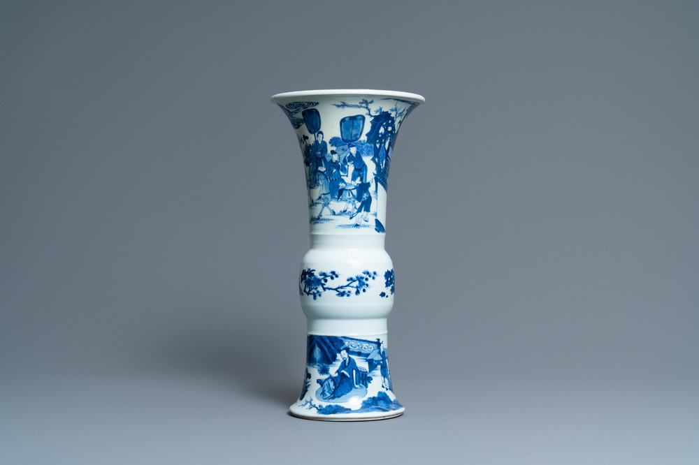 A Chinese blue and white 'gu' 'riders on horseback' vase, Kangxi
