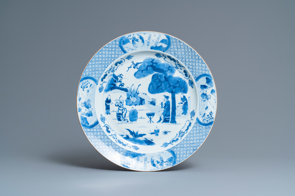 A Chinese blue and white 'musicians' dish, Kangxi