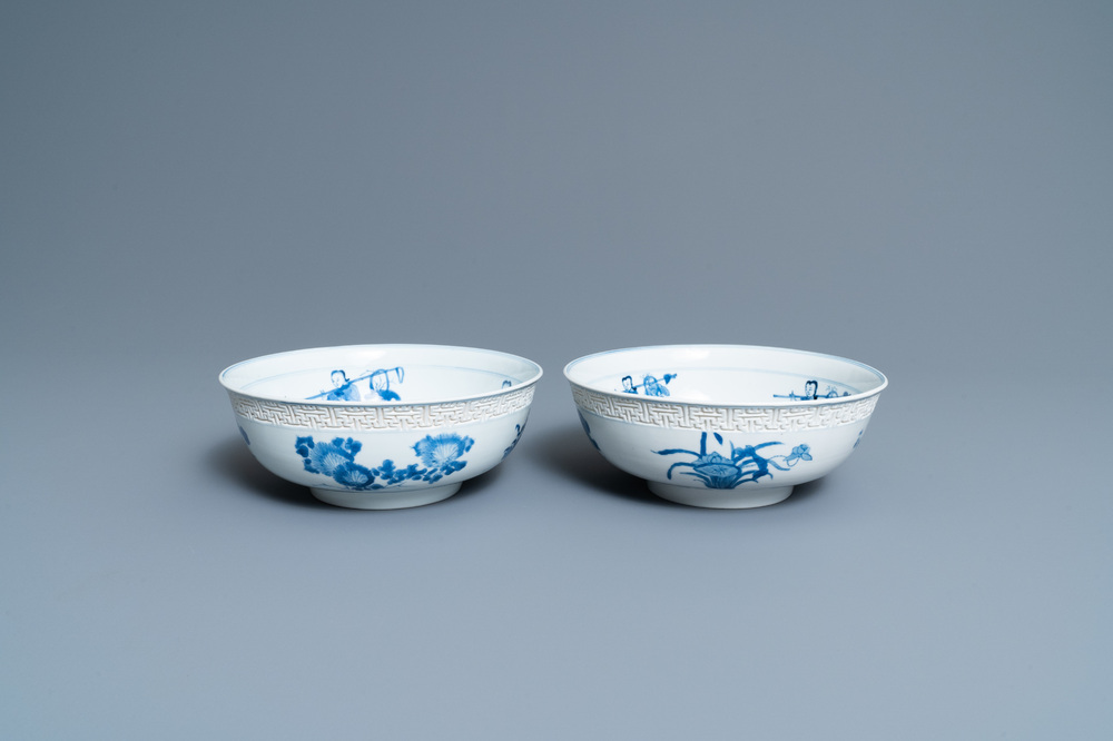 A pair of Chinese blue and white 'immortals' bowls, Kangxi