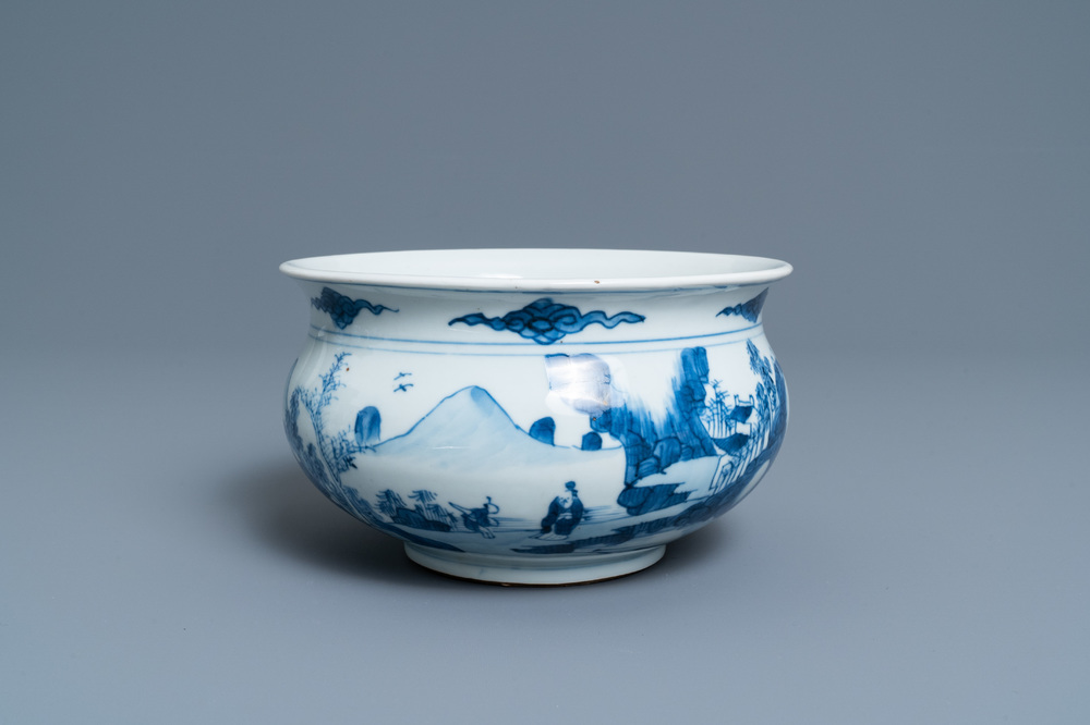 A Chinese blue and white censer with figures in a mountainous landscape, Kangxi