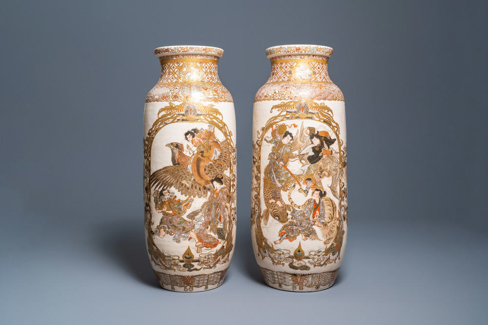 A pair of tall Japanese Satsuma vases, Meiji, 19th C.