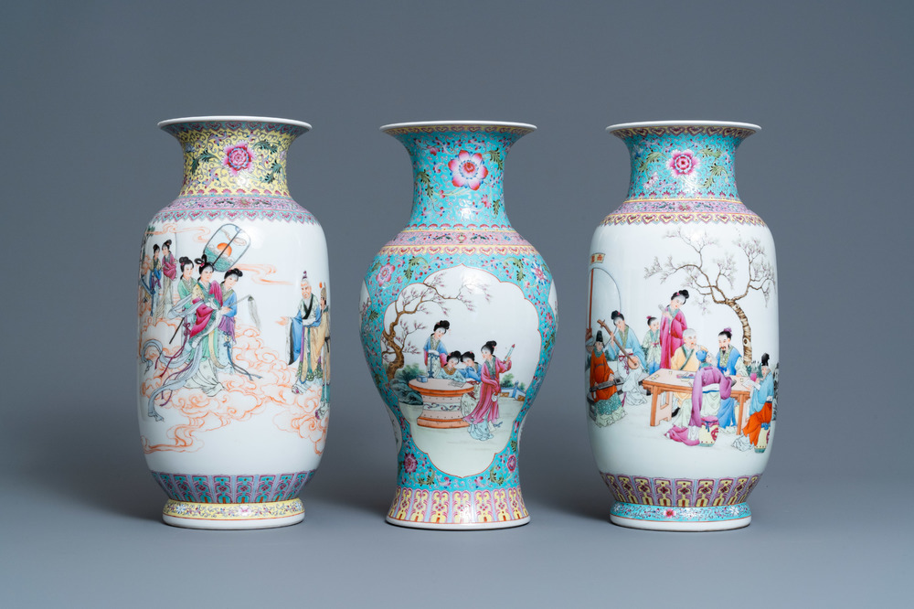Drie Chinese famille rose vazen, Qianlong merken, Republiek