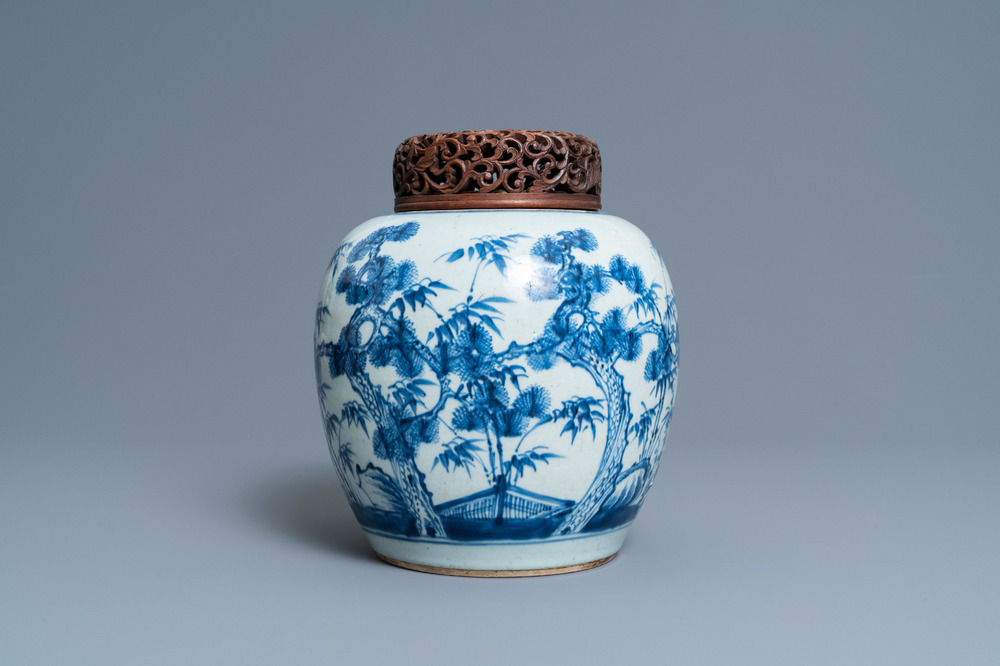 A Chinese blue and white 'Three friends of winter' jar, Kangxi