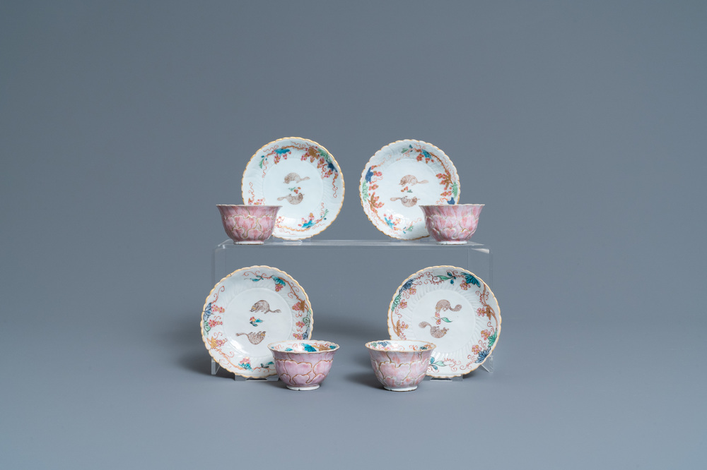 Four Chinese lotus-moulded famille rose cups and saucers with squirrels, Yongzheng