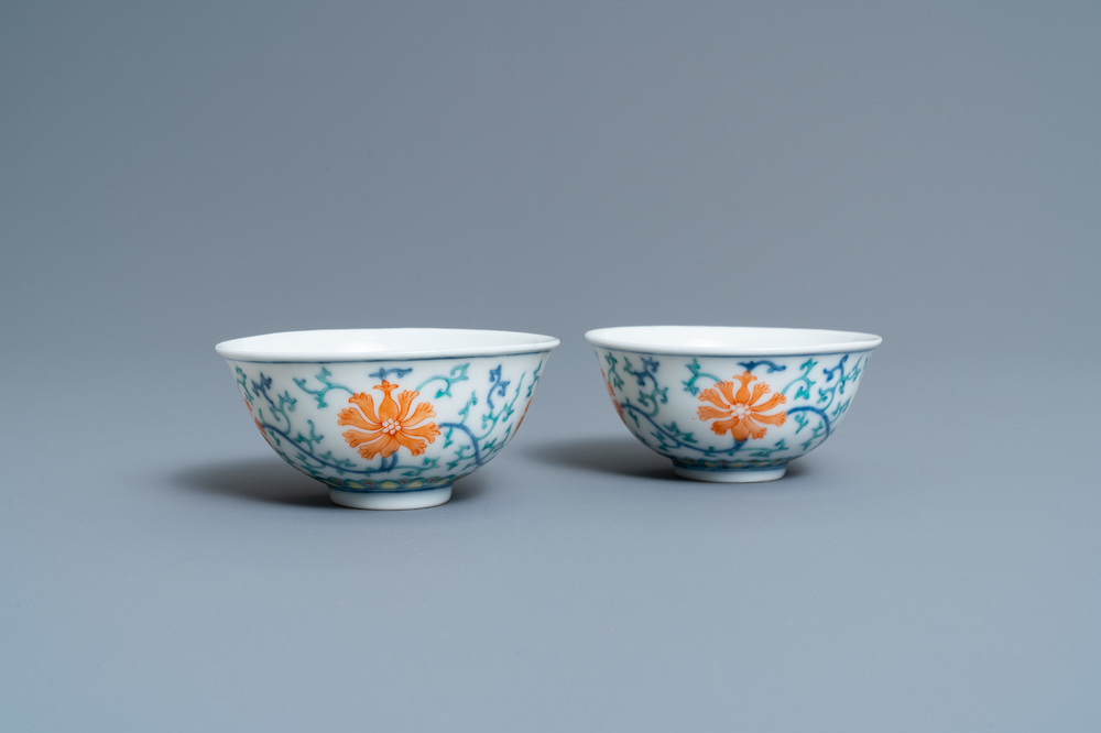 A pair of Chinese doucai bowls, four-character mark, 20th C.
