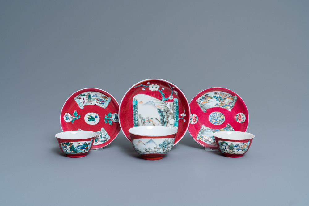 Three Chinese famille rose ruby-ground cups and saucers, Yongzheng