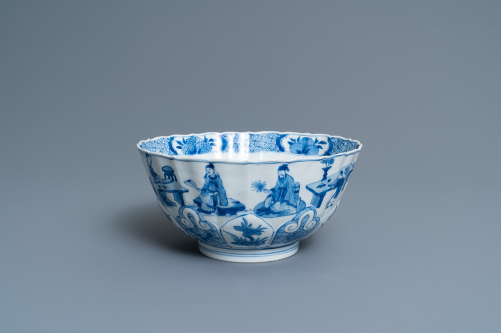 A Chinese blue and white lotus-molded 'Seven sages in the bamboo grove' bowl, Chenghua mark, Kangxi