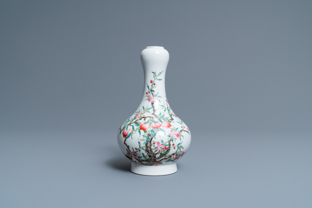 A Chinese famille rose 'peaches' bottle vase, 'Dun mu tang zhi' mark, Republic