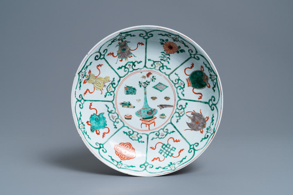 A Chinese famille verte 'antiquities' dish, Kangxi