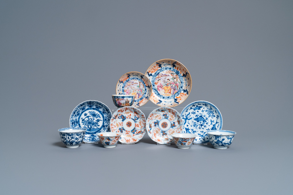 Five various Chinese cups and saucers and a small dish, Kangxi/Qianlong