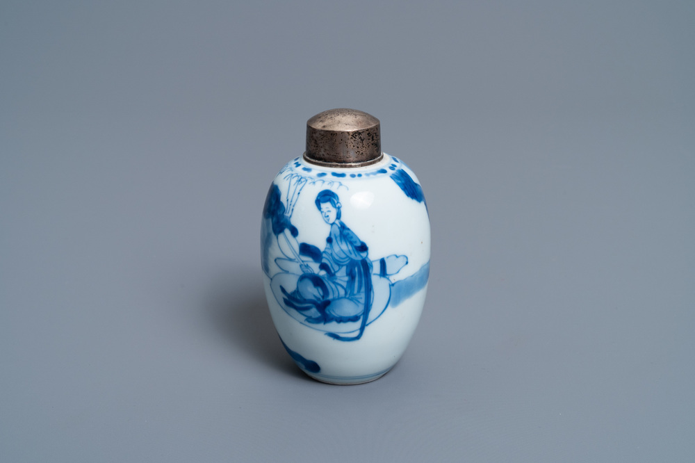 A Chinese blue and white silver-mounted tea caddy, Kangxi