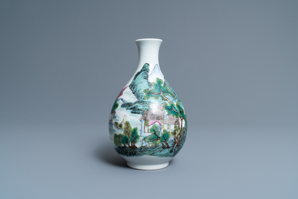 A Chinese famille rose 'yuhuchunping' vase with a mountainous landscape, 19/20th C.