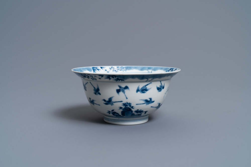 A Chinese blue and white 'twelve magpies' bowl, Chenghua mark, Kangxi